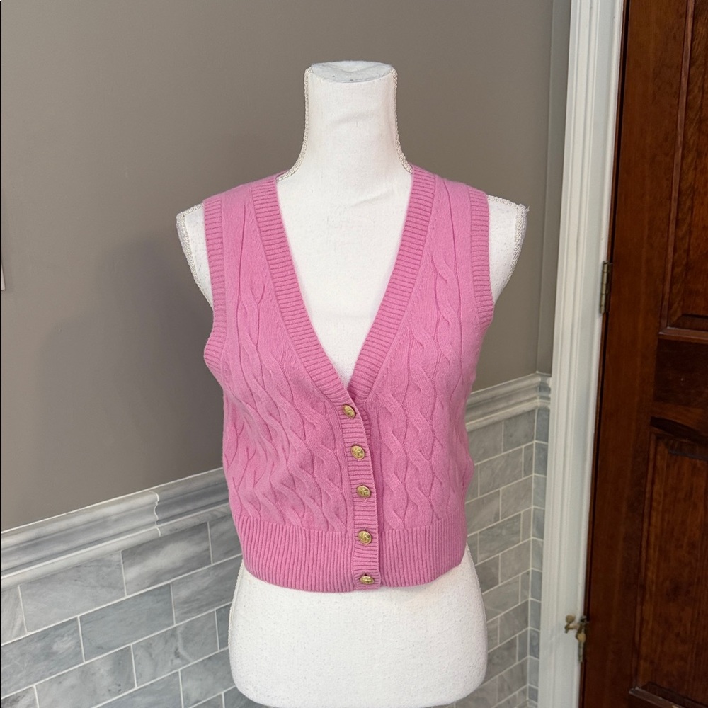 J. Crew Pink V-Neck Cashmere Cable Knit Sweater Vest